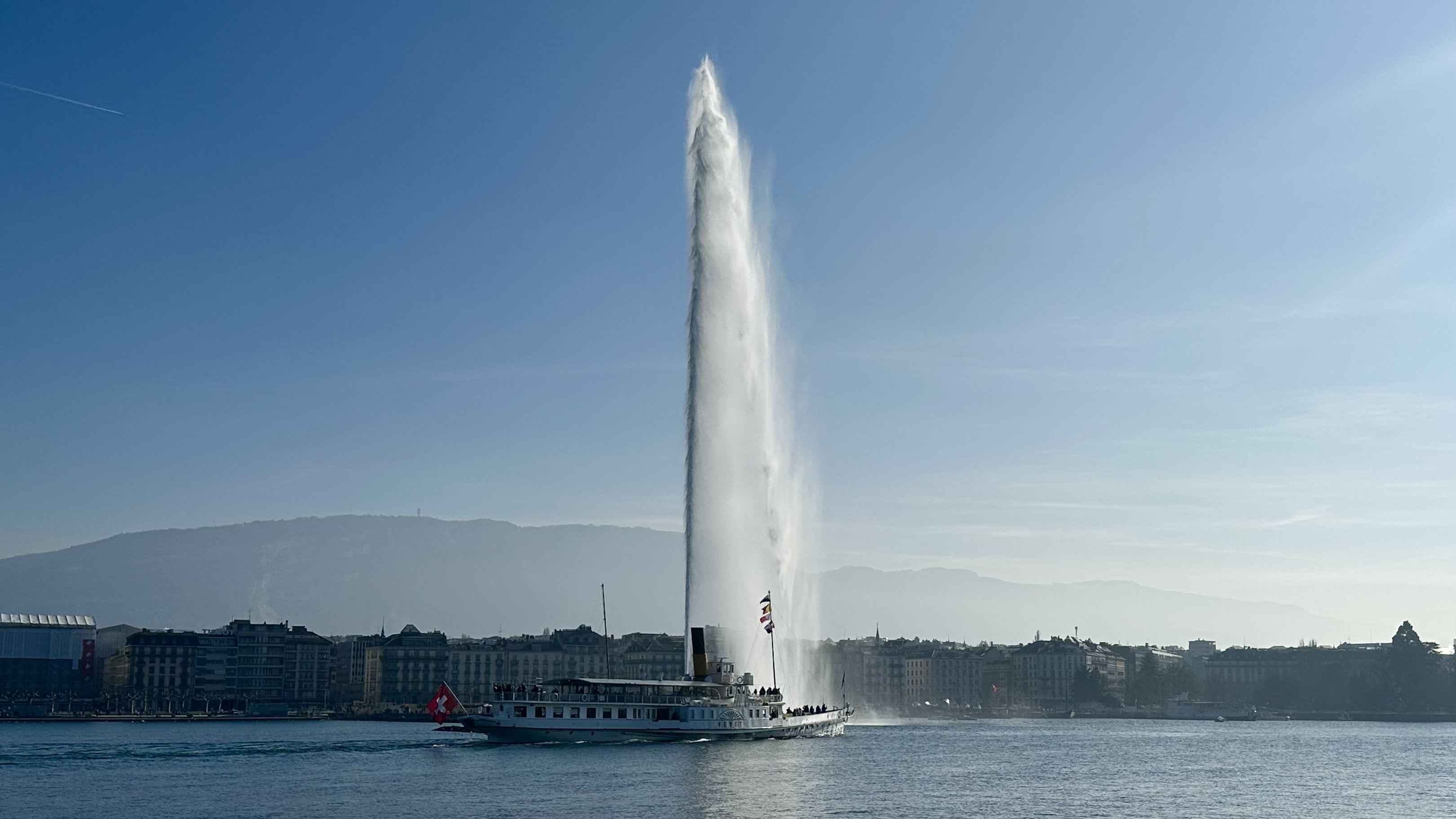 The large fountain, or "jette d'eau", in Geneva, Switzerland.
